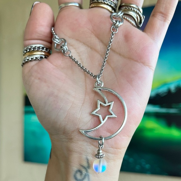 Set ! Moon star & iridescent opalite beads necklace + matching earrings boho - Picture 7 of 13